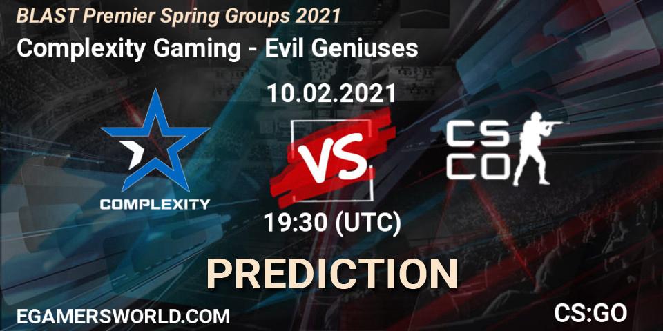 Complexity Gaming contre Evil Geniuses : prédiction de match. 10.02.2021 at 19:30. Counter-Strike (CS2), BLAST Premier Spring Groups 2021