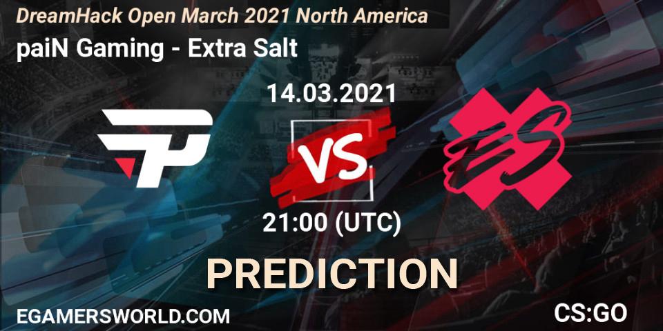 paiN Gaming contre Extra Salt : prédiction de match. 14.03.2021 at 21:00. Counter-Strike (CS2), DreamHack Open March 2021 North America