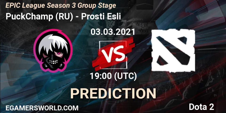 PuckChamp (RU) contre Prosti Esli : prédiction de match. 03.03.2021 at 19:25. Dota 2, EPIC League Season 3 Group Stage