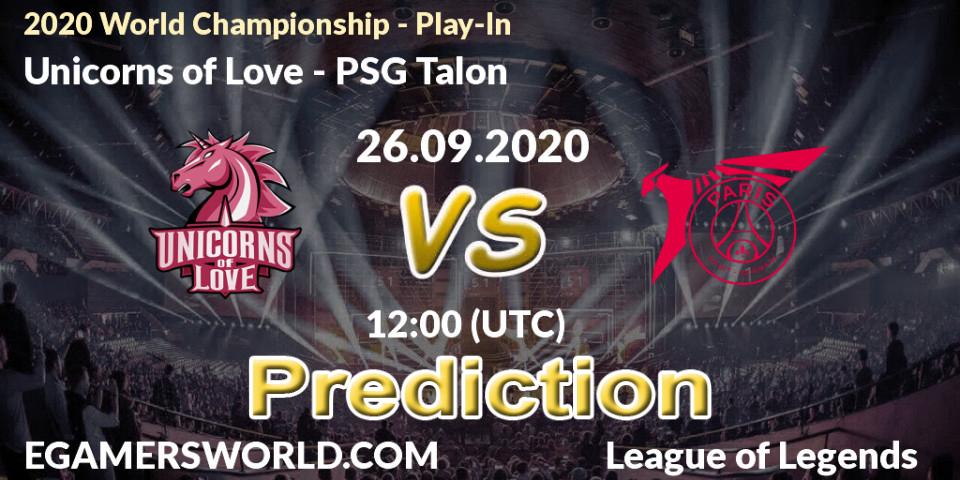Unicorns of Love contre PSG Talon : prédiction de match. 26.09.2020 at 12:00. LoL, 2020 World Championship - Play-In