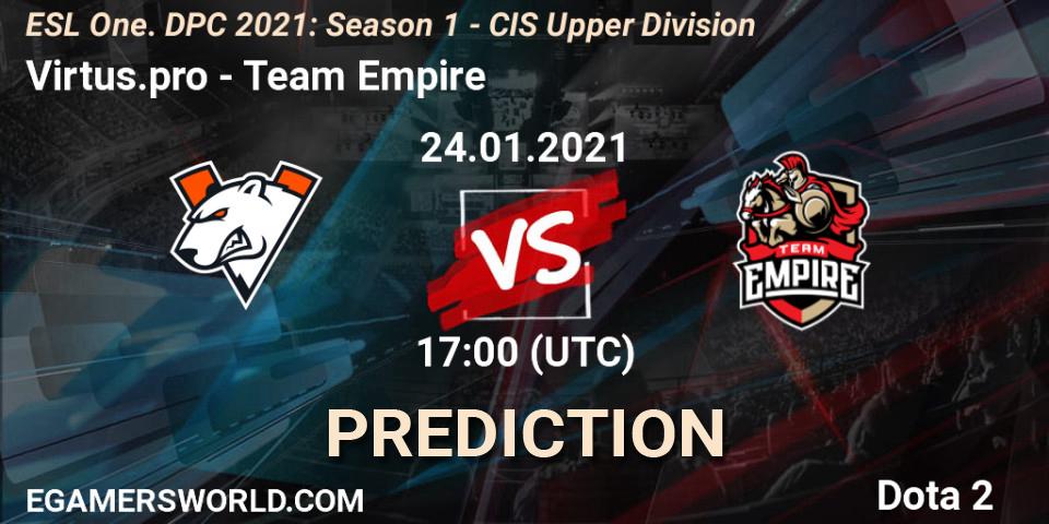 Virtus.pro contre Team Empire : prédiction de match. 24.01.2021 at 16:57. Dota 2, ESL One. DPC 2021: Season 1 - CIS Upper Division