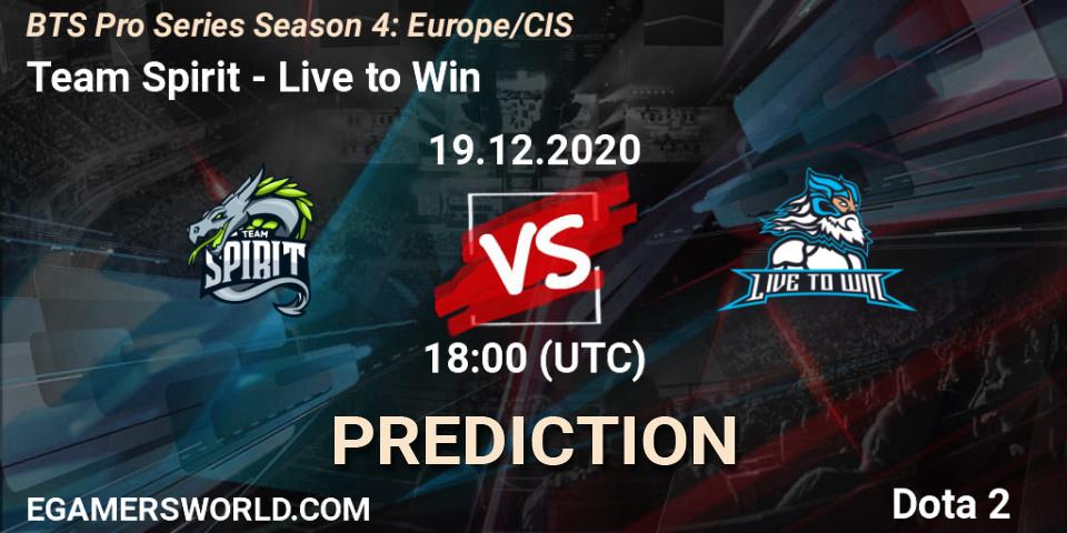 Team Spirit contre Live to Win : prédiction de match. 19.12.2020 at 16:58. Dota 2, BTS Pro Series Season 4: Europe/CIS