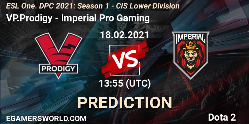 VP.Prodigy contre Imperial Pro Gaming : prédiction de match. 18.02.2021 at 14:05. Dota 2, ESL One. DPC 2021: Season 1 - CIS Lower Division