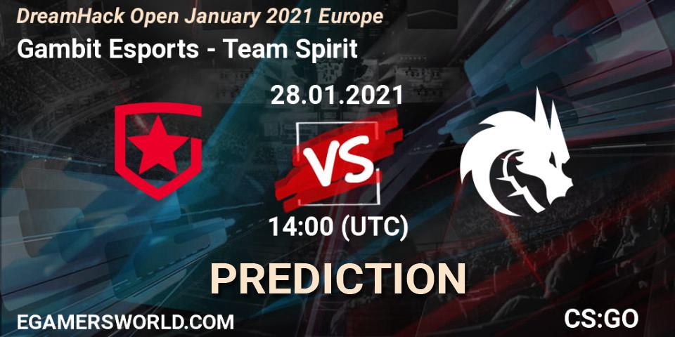 Gambit Esports contre Team Spirit : prédiction de match. 28.01.2021 at 14:00. Counter-Strike (CS2), DreamHack Open January 2021 Europe