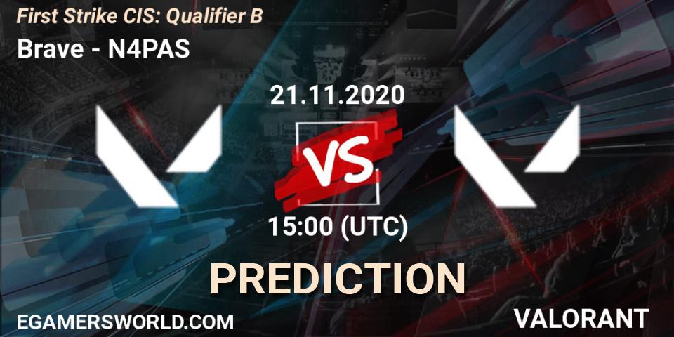 Brave contre N4PAS : prédiction de match. 21.11.2020 at 15:00. VALORANT, First Strike CIS: Qualifier B