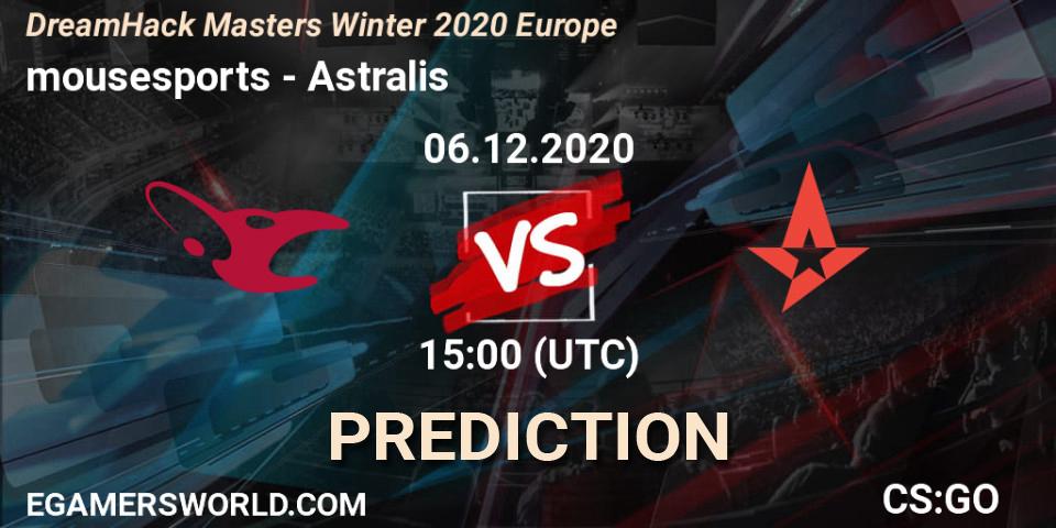 mousesports contre Astralis : prédiction de match. 06.12.2020 at 15:00. Counter-Strike (CS2), DreamHack Masters Winter 2020 Europe