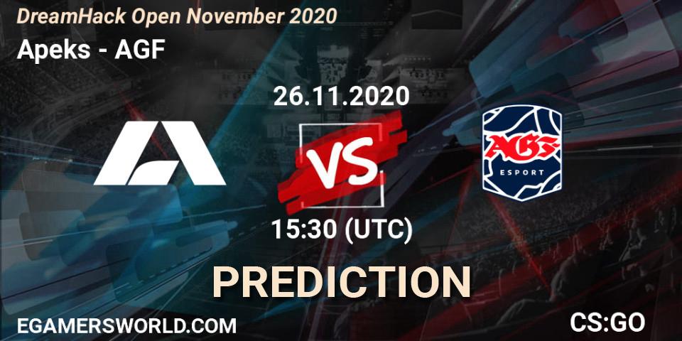 Apeks contre AGF : prédiction de match. 26.11.2020 at 15:10. Counter-Strike (CS2), DreamHack Open November 2020