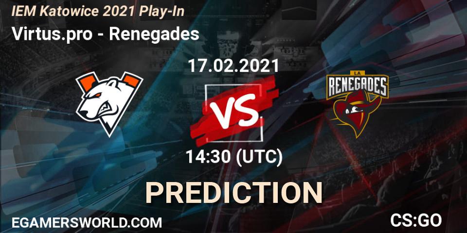 Virtus.pro contre Renegades : prédiction de match. 17.02.2021 at 14:45. Counter-Strike (CS2), IEM Katowice 2021 Play-In