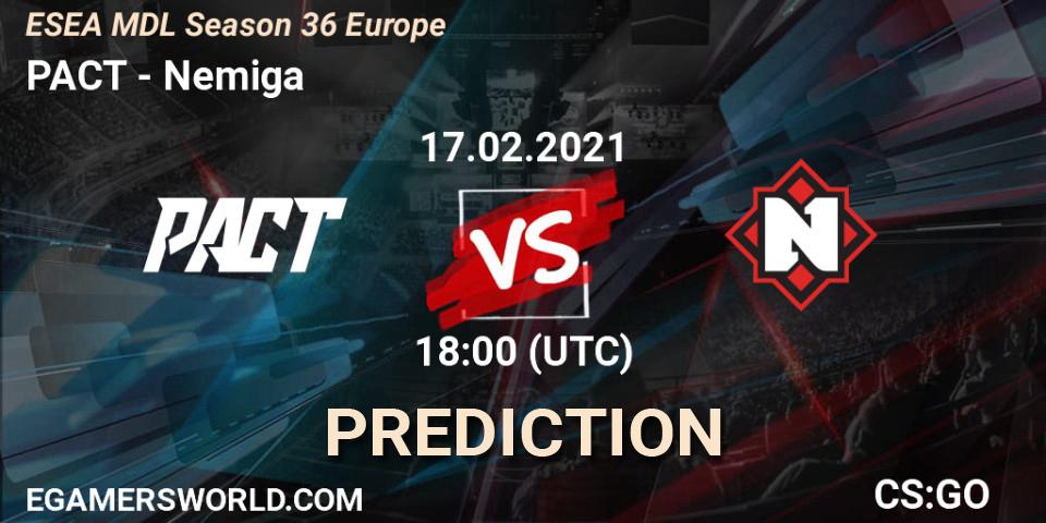 PACT contre Nemiga : prédiction de match. 15.03.2021 at 18:00. Counter-Strike (CS2), MDL ESEA Season 36: Europe - Premier division