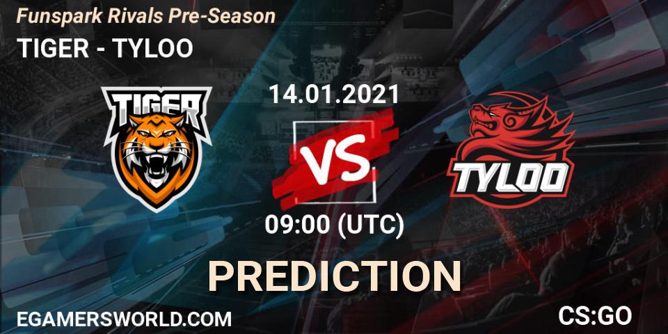 TIGER contre TYLOO : prédiction de match. 14.01.2021 at 09:00. Counter-Strike (CS2), Funspark Rivals Pre-Season