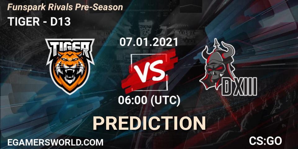 TIGER contre D13 : prédiction de match. 07.01.2021 at 06:00. Counter-Strike (CS2), Funspark Rivals Pre-Season