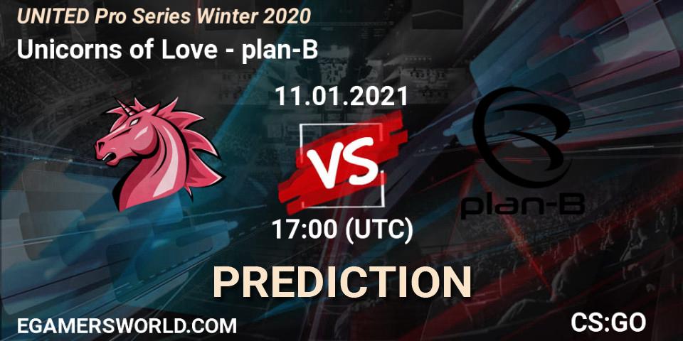 Unicorns of Love contre plan-B : prédiction de match. 11.01.2021 at 17:00. Counter-Strike (CS2), UNITED Pro Series Winter 2020