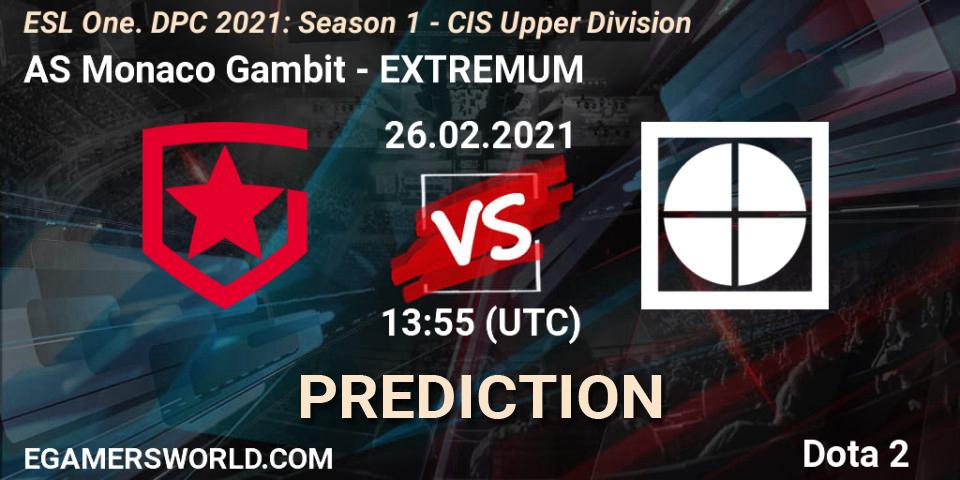 AS Monaco Gambit contre EXTREMUM : prédiction de match. 26.02.2021 at 13:55. Dota 2, ESL One. DPC 2021: Season 1 - CIS Upper Division