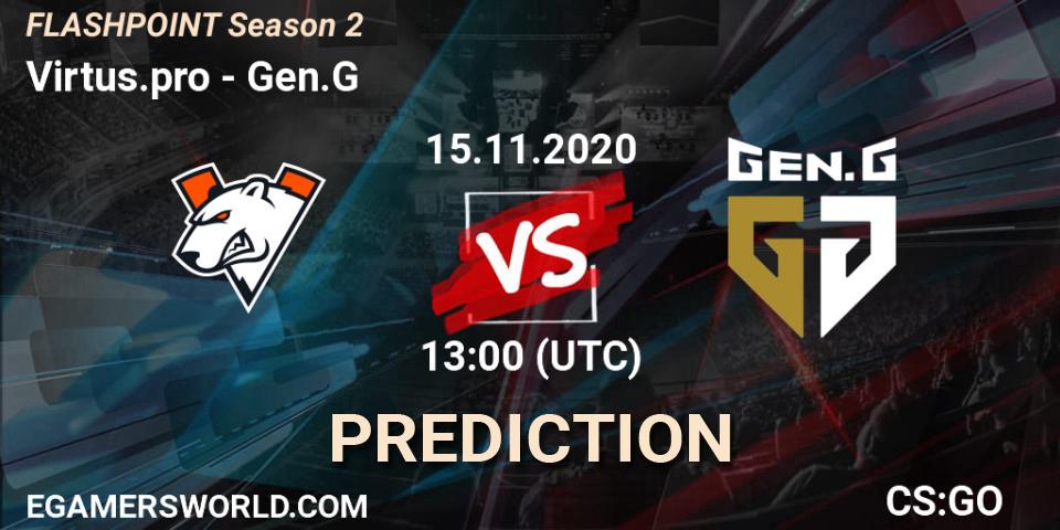 Virtus.pro contre Gen.G : prédiction de match. 15.11.2020 at 13:00. Counter-Strike (CS2), Flashpoint Season 2
