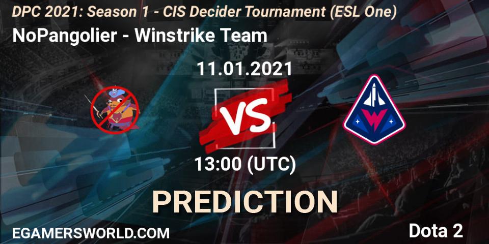 NoPangolier contre Winstrike Team : prédiction de match. 11.01.2021 at 13:00. Dota 2, DPC 2021: Season 1 - CIS Decider Tournament (ESL One)