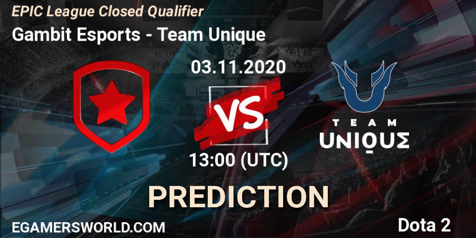 Gambit Esports contre Team Unique : prédiction de match. 03.11.2020 at 15:00. Dota 2, EPIC League Closed Qualifier