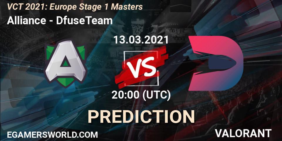 Alliance contre DfuseTeam : prédiction de match. 13.03.2021 at 19:00. VALORANT, VCT 2021: Europe Stage 1 Masters