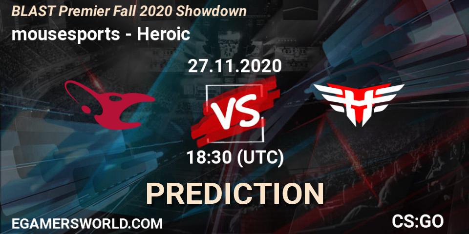 mousesports contre Heroic : prédiction de match. 27.11.2020 at 19:15. Counter-Strike (CS2), BLAST Premier Fall 2020 Showdown