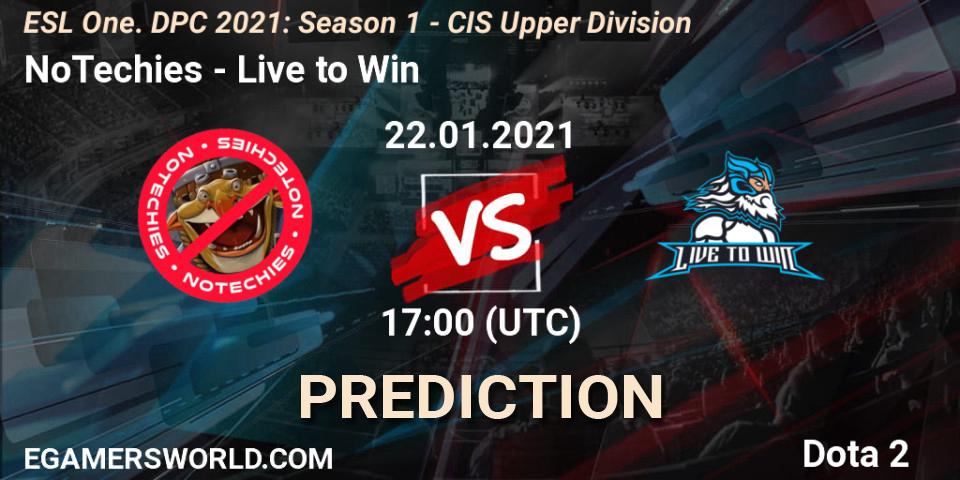 NoTechies contre Live to Win : prédiction de match. 22.01.2021 at 17:34. Dota 2, ESL One. DPC 2021: Season 1 - CIS Upper Division