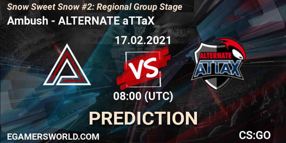 Ambush contre ALTERNATE aTTaX : prédiction de match. 17.02.2021 at 08:00. Counter-Strike (CS2), Snow Sweet Snow #2: Regional Group Stage
