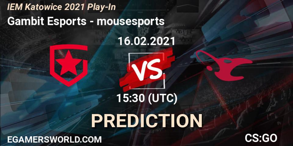 Gambit Esports contre mousesports : prédiction de match. 16.02.2021 at 15:30. Counter-Strike (CS2), IEM Katowice 2021 Play-In