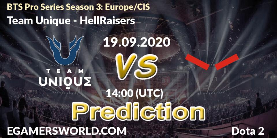 Team Unique contre HellRaisers : prédiction de match. 19.09.2020 at 12:00. Dota 2, BTS Pro Series Season 3: Europe/CIS