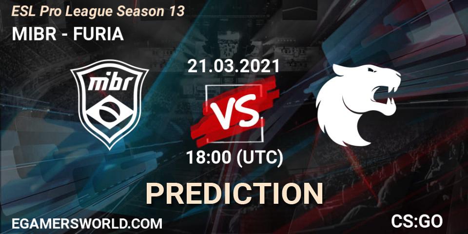 MIBR contre FURIA : prédiction de match. 21.03.2021 at 18:55. Counter-Strike (CS2), ESL Pro League Season 13