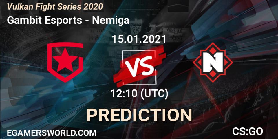 Gambit Esports contre Nemiga : prédiction de match. 15.01.2021 at 12:10. Counter-Strike (CS2), Vulkan Fight Series 2020