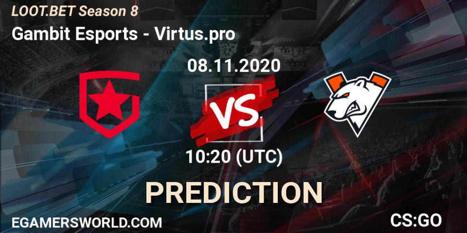 Gambit Esports contre Virtus.pro : prédiction de match. 08.11.2020 at 10:20. Counter-Strike (CS2), LOOT.BET Season 8
