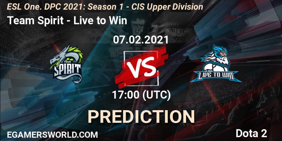 Team Spirit contre Live to Win : prédiction de match. 07.02.2021 at 16:56. Dota 2, ESL One. DPC 2021: Season 1 - CIS Upper Division