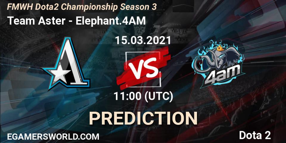 Team Aster contre Elephant.4AM : prédiction de match. 15.03.2021 at 10:55. Dota 2, FMWH Dota2 Championship Season 3
