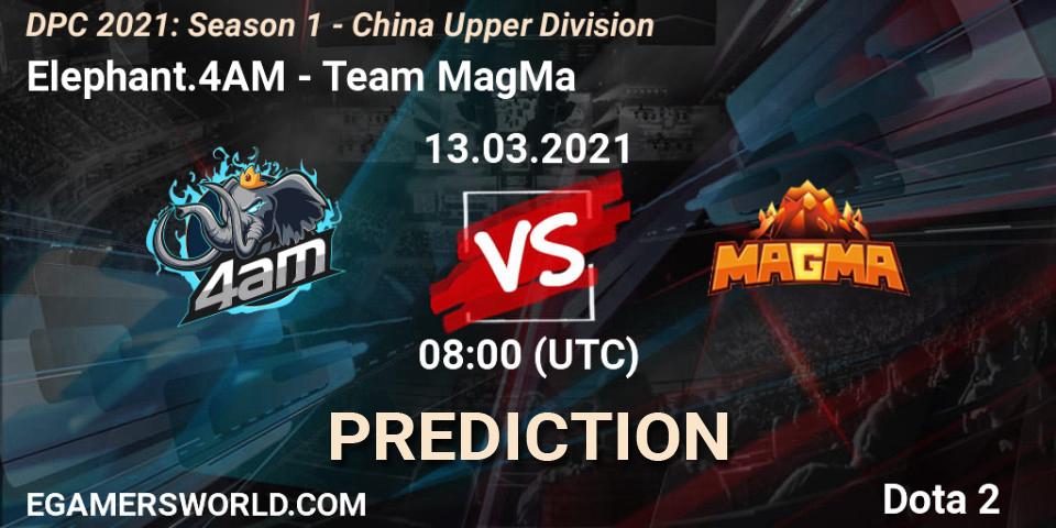 Elephant.4AM contre Team MagMa : prédiction de match. 13.03.2021 at 08:02. Dota 2, DPC 2021: Season 1 - China Upper Division