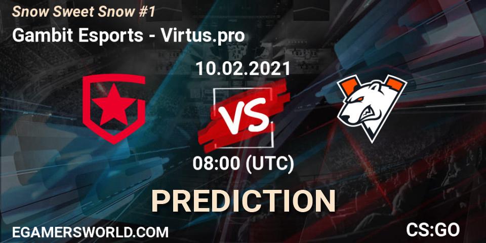 Gambit Esports contre Virtus.pro : prédiction de match. 10.02.2021 at 08:00. Counter-Strike (CS2), Snow Sweet Snow #1