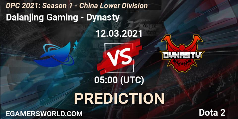 Dalanjing Gaming contre Dynasty : prédiction de match. 12.03.2021 at 05:00. Dota 2, DPC 2021: Season 1 - China Lower Division