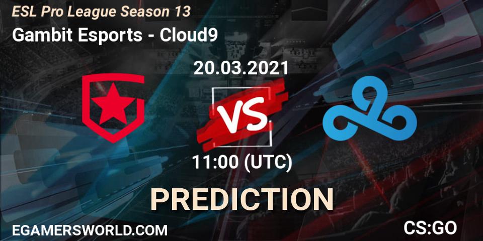 Gambit Esports contre Cloud9 : prédiction de match. 20.03.2021 at 11:00. Counter-Strike (CS2), ESL Pro League Season 13