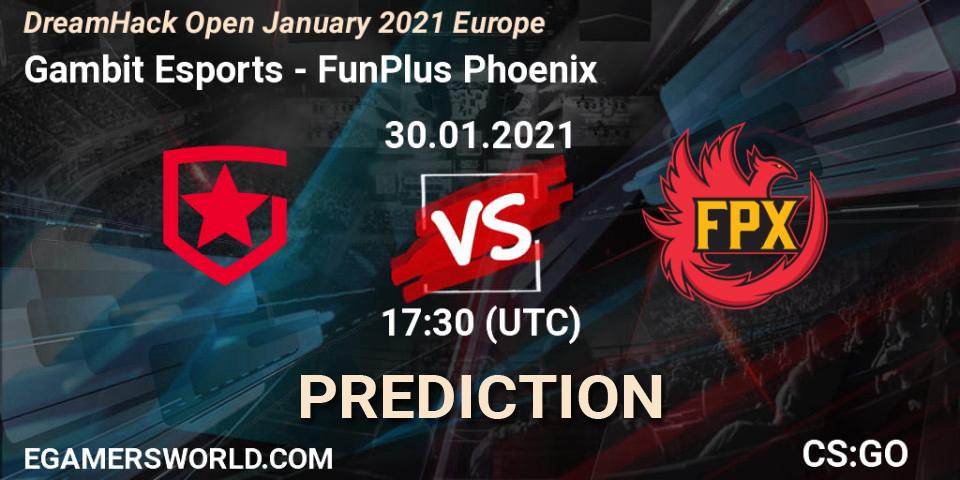 Gambit Esports contre FunPlus Phoenix : prédiction de match. 30.01.2021 at 18:40. Counter-Strike (CS2), DreamHack Open January 2021 Europe
