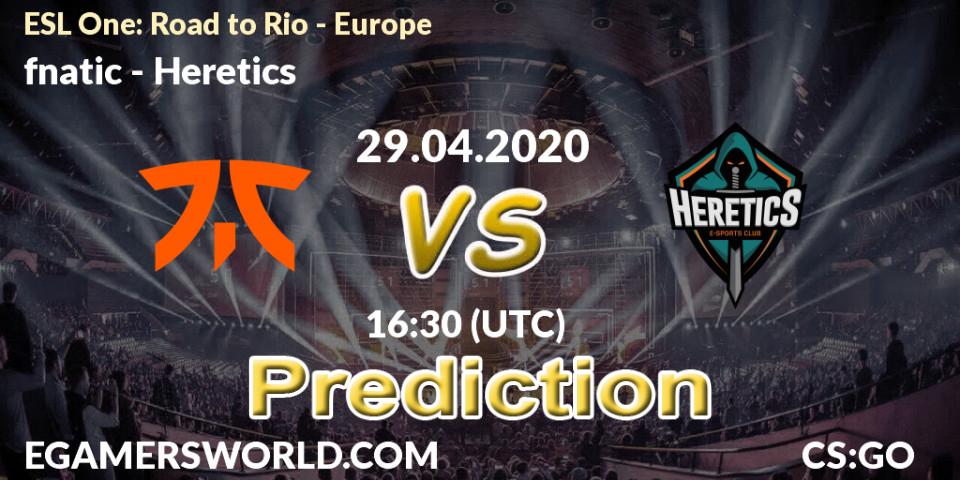 fnatic contre Heretics : prédiction de match. 29.04.2020 at 16:45. Counter-Strike (CS2), ESL One: Road to Rio - Europe