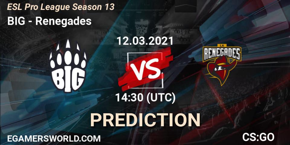 BIG contre Renegades : prédiction de match. 12.03.2021 at 18:00. Counter-Strike (CS2), ESL Pro League Season 13
