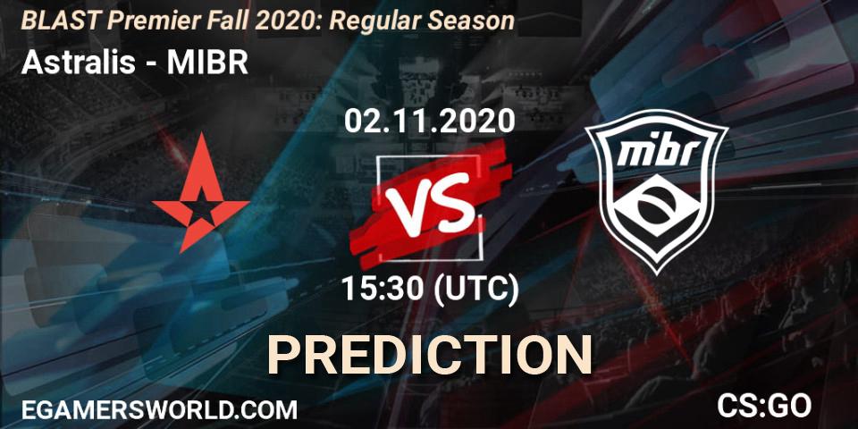 Astralis contre MIBR : prédiction de match. 02.11.2020 at 17:10. Counter-Strike (CS2), BLAST Premier Fall 2020: Regular Season