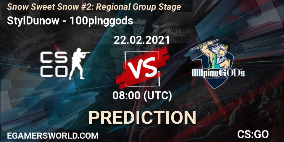 StylDunow contre 100pinggods : prédiction de match. 22.02.2021 at 08:00. Counter-Strike (CS2), Snow Sweet Snow #2: Regional Group Stage