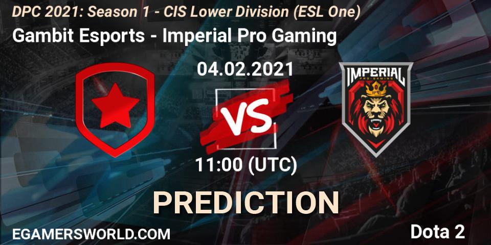 Gambit Esports contre Imperial Pro Gaming : prédiction de match. 04.02.21. Dota 2, ESL One. DPC 2021: Season 1 - CIS Lower Division