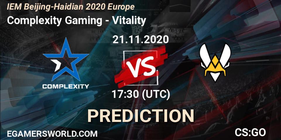 Complexity Gaming contre Vitality : prédiction de match. 21.11.2020 at 17:30. Counter-Strike (CS2), IEM Beijing-Haidian 2020 Europe
