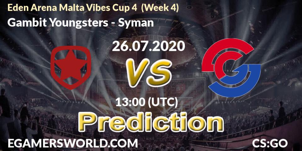 Gambit Youngsters contre Syman : prédiction de match. 26.07.20. CS2 (CS:GO), Eden Arena Malta Vibes Cup 4 (Week 4)