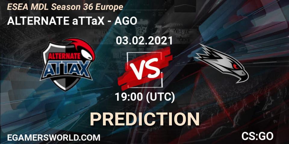 ALTERNATE aTTaX contre AGO : prédiction de match. 03.02.2021 at 19:00. Counter-Strike (CS2), MDL ESEA Season 36: Europe - Premier division