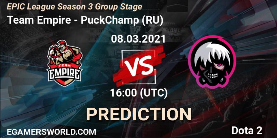 Team Empire contre PuckChamp (RU) : prédiction de match. 08.03.2021 at 17:35. Dota 2, EPIC League Season 3 Group Stage
