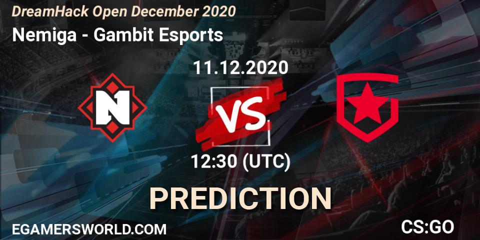 Nemiga contre Gambit Esports : prédiction de match. 11.12.2020 at 12:55. Counter-Strike (CS2), DreamHack Open December 2020