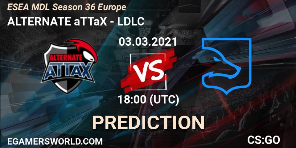 ALTERNATE aTTaX contre LDLC : prédiction de match. 03.03.2021 at 18:00. Counter-Strike (CS2), MDL ESEA Season 36: Europe - Premier division