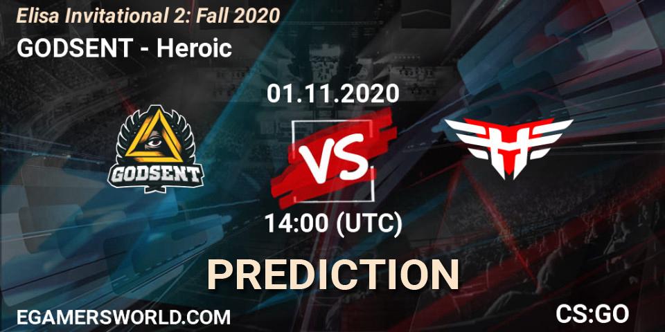 GODSENT contre Heroic : prédiction de match. 01.11.2020 at 14:00. Counter-Strike (CS2), Elisa Invitational Fall 2020