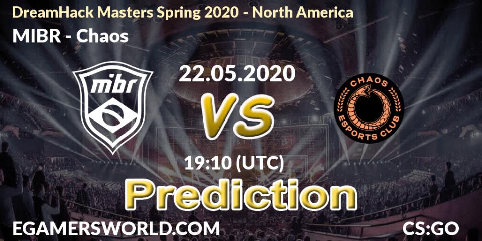 MIBR contre Chaos : prédiction de match. 22.05.2020 at 19:10. Counter-Strike (CS2), DreamHack Masters Spring 2020 - North America