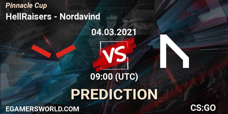 HellRaisers contre Nordavind : prédiction de match. 04.03.2021 at 09:00. Counter-Strike (CS2), Pinnacle Cup #1